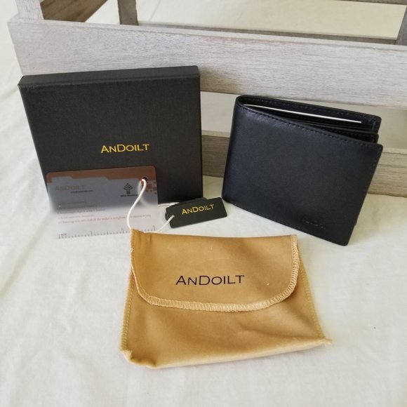 NWT! ANDOILT Black Leather Bifold Slim Wallet w/RFID Blocking and Storage Pouch - Picture 1 of 11